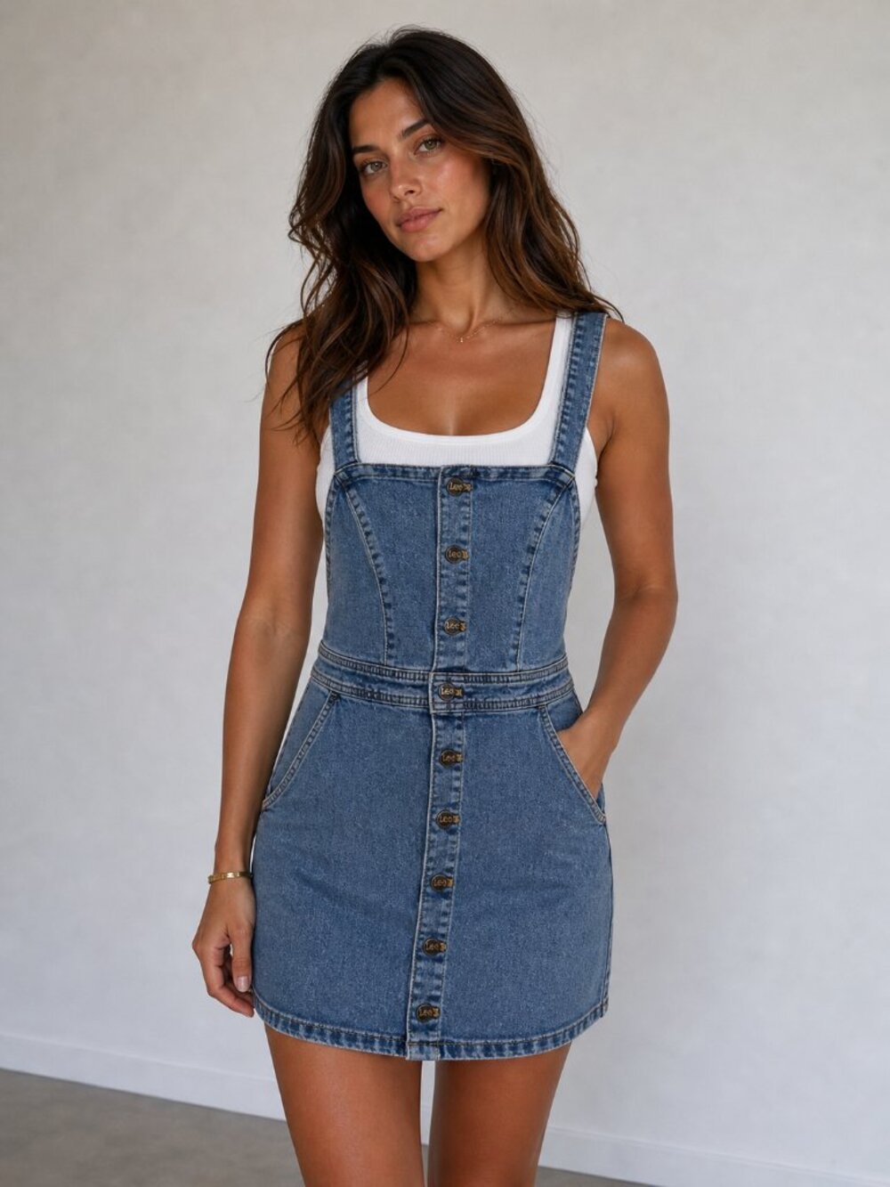 Vintage Lee Denim Overall Dress Mini Button Front Y2K Jean Women's Size Medium